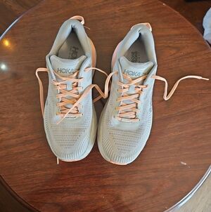 Hoka Breathable Mesh Trainers in Light Gray with Peach Details